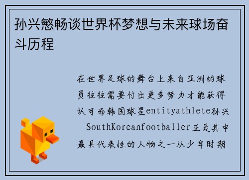孙兴慜畅谈世界杯梦想与未来球场奋斗历程